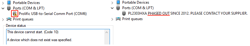 Device Manager Error Prolific counterfeit PL2303 chip